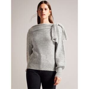 TED BAKER Larbow Statement Bow‎ Sweater Gray Wool Knit Pullover Women's 4/US 10